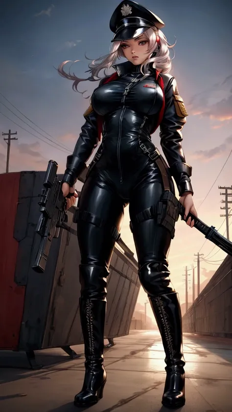 Bimbo Slut , sexy military leather bodysuit, CAP,  tights, high boots,  art, weapon