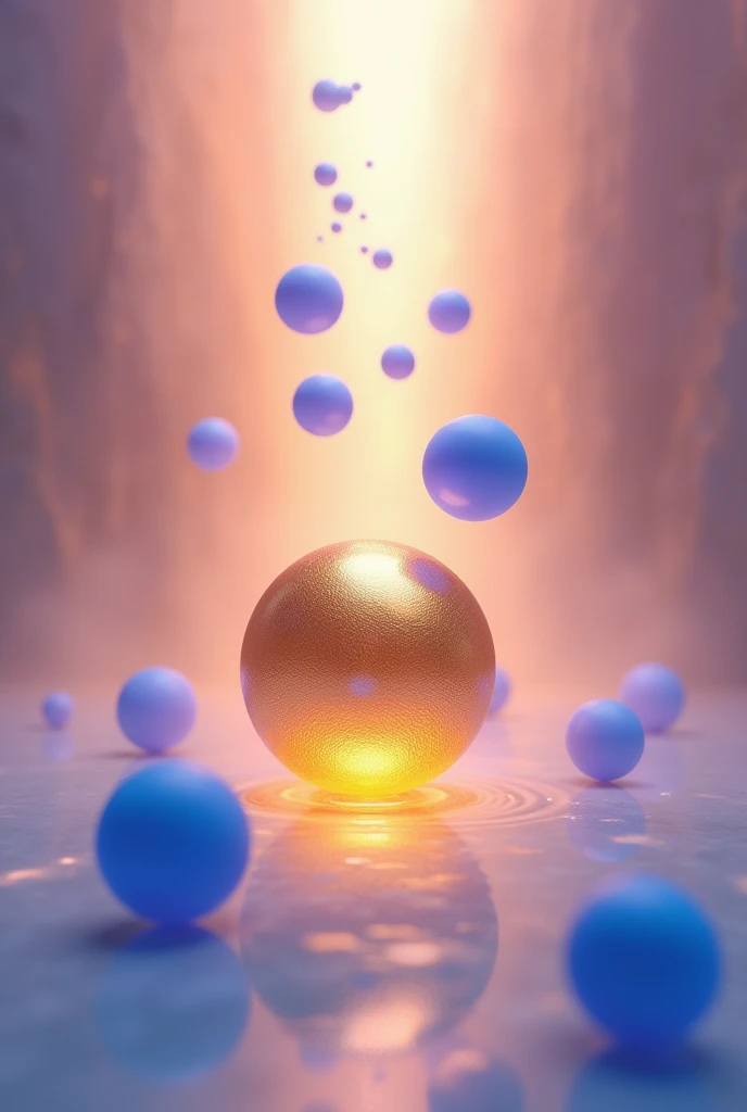 Imagine golden sphere , inside the golden sphere ,  with 9 blue spheres of the same size falling from above in pink light towards the gold sphere
