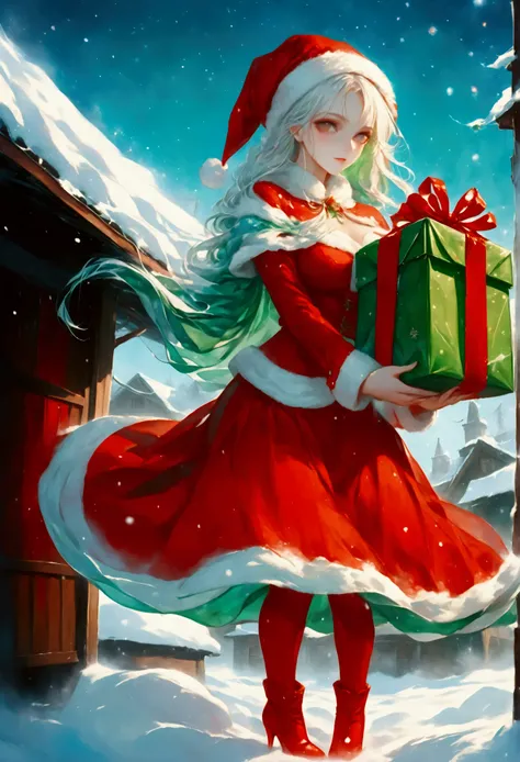 score_9, score_8_up, score_7_up, score_6_up, score_5_up, score_4_up, watercolor art of a most beautiful female Santa Clause carrying gifts, standing on roof in the snow, a beautiful female Santa Clause, white hair color, dynamic hair style, busty, wearing ...