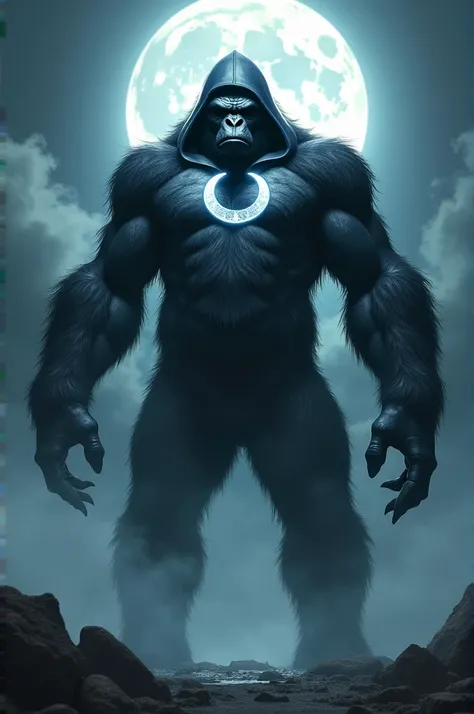 Create a detailed digital artwork of a hybrid creature combining elements of King Kong and Moon Knight. The creature should have the massive, muscular build and ape-like features of King Kong, towering in size with immense strength. Its fur is dark and sha...