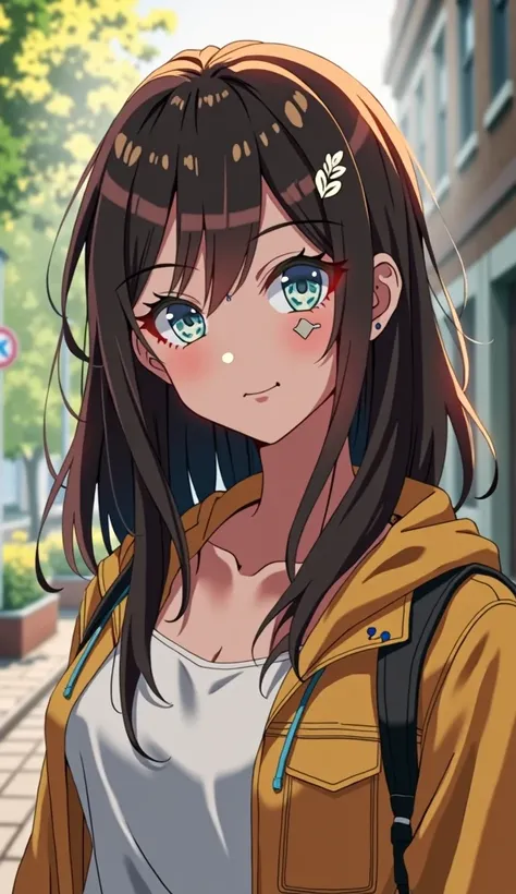 A cheerful-looking high school girl with dark brown hair, blue eyes, a small nose, an attractive body, 1.60 tall, thin prominent facial features and a slight scar on her chin.