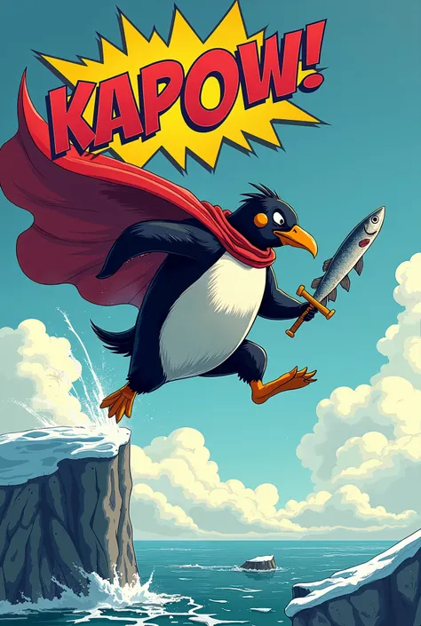 Illustrate a heroic penguin in a cape, leaping dramatically from an iceberg while holding a fish like a sword. The sky is filled with action lines and a comic-style "Kapow!"