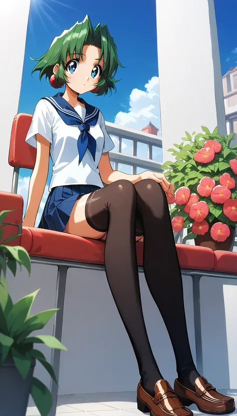 (masterpiece,  best quality :1.2),( super high resolution),(Ultra-detailed face) 1 woman,Alone, toshinden_Ellis, sit on a chair,Open your legs, punch,whole body, view from below,Short Sleeve School Uniforms , blue miniskirt , Red Neckerchief , Black Stocki...