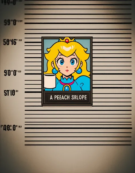 mug shot, Princess Peach Mugshot. Sulky face,  A photograph of taken after the arrest. Retro film texture, masterpiece, Blurry photo, Low resolution