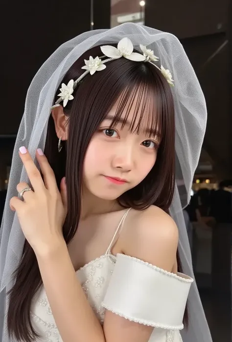 ai hoshino,1girl, solo, smile, star_(symbol), looking_at_viewer, pink_nails, blush, nail_polish, star_hair_ornament, bare_shoulders, virtual_youtuber, sparkle, diamond-shaped_pupils, bridal_veil, white_dress, wedding_dress, closed_mouth, rabbit_hair_orname...