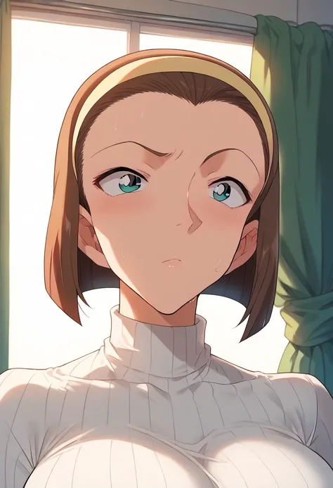 Hyper realistic, suzuki sonoko, short hair, brown hair, hairband, blue eyes, perfect face, perfect lighting,  , ,huge breasts:2.5, sweat,、High neck long sleeve white ribbed knit T-shirt(loose)、デニムパンツ