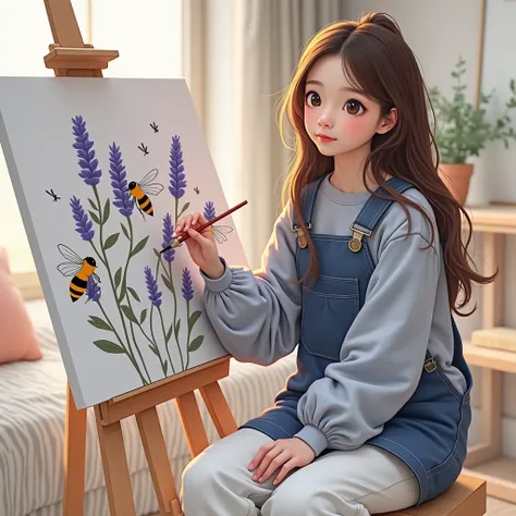  Korean cute girl, loose ponytail, natural straight hair, wearing cool overalls, sitting in a drawing room at home, drawing realistic bees on lavender flowers with sunset on canvas easel, looking at the painting, drawing, painting, Ai art.