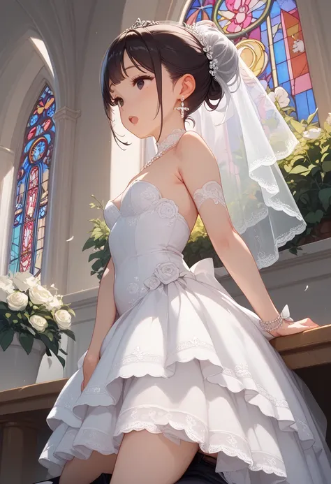 angle from side below, (((round face))), drooping eyes, tiny earrings, ((bride, white wedding dress, ((standing and straddling to hit her crotch area against a corner of the table for masturbation while hiding her crotch with dress)), open mouth, plants, i...