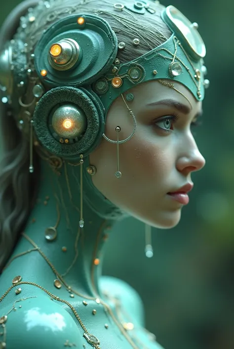 The goddess, Fortuna, glowing eyes, head to breast, silicone cybernetics. High Resolution, Masterpiece, Award Winning, Best Quality, High Details, High Quality, UHD, Optical Illusion, Impressionism, Art Deco, Cinematic, Cinematography, Futurism, Hyperreali...