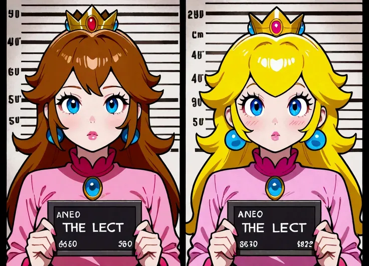 mug shot, Princess Peach Mugshot. Split Screen, The left screen is a photo taken from the front, and the right screen is a photo taken from the left. Sulky face,  A photograph of the person taken after the arrest