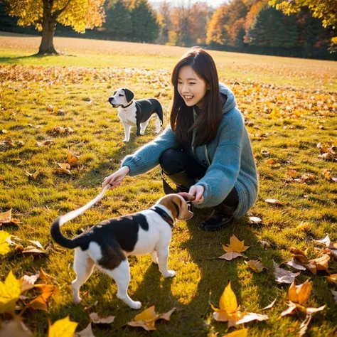 A beautiful woman playing with a beagle in Autumn leaves and field.