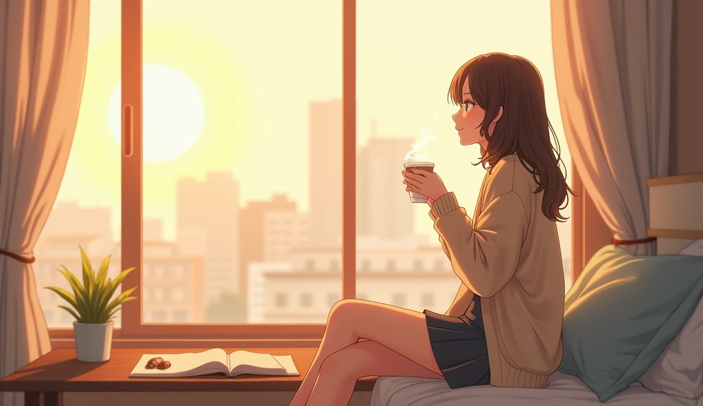  anime style、theme:  Relaxing while looking at the distant cityscape :

scene:  window side where sunlight shines in 。 by blurring a distant cityscape or street 。 holding a coffee cup in one hand 々 and paths spread out 。

weather: Sunny Afternoon、 Warm sun...