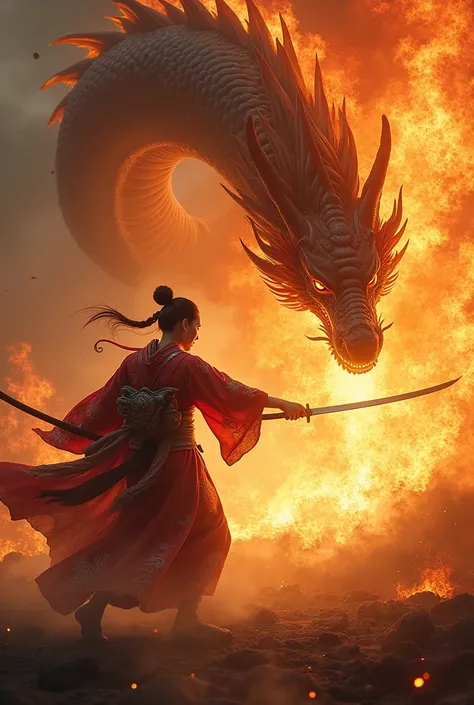 Warrior geisha and dragon in the flames of a fight 