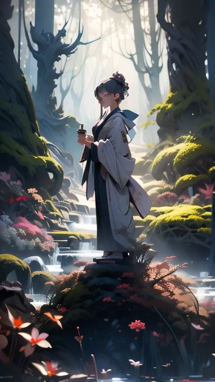 Beautiful girl in a gray robe standing in a dark forest, Spectacular style,  octane render , Desert Composition,  beautiful face,  hyperrealistic , oil on canvas,  Award winning ,   masterpieces during breakfast ,  Popular at Art Stations , Produced by Stu...