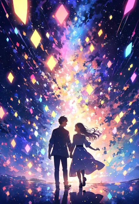  couple ,Men and women holding hands,Two people looking at each other,smile, light attraction ,Sparkle,night,LED light , colorful ,Artificial light ,Shining Light,