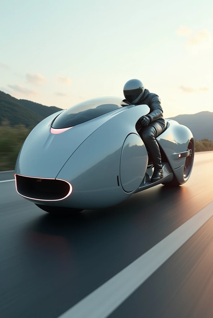 ultra HD, high quality, best quality, high resolution, 8k, 16K, side view of apple shape motorcycle, drive by a guy speeding on highway