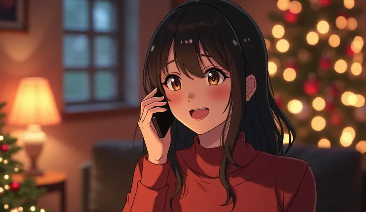 anime style: Christmas decorations A beautiful woman 
is talking to a friend on the phone, her face lit up with joy. Shes expressing her gratitude for their friendship and support. The background is a cozy living room, with soft lighting and warm colors. 
...