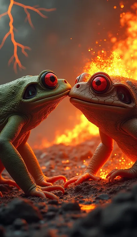 Create a hyper-realistic image of a menacing confrontation between an angry frog and an erupting volcano. The frog is depicted with a fierce expression, glowing red eyes, and an aggressive stance, as if preparing to leap into battle. The volcano, also pers...