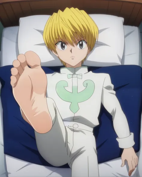 Score_9, score_8_up, source_anime, 1boy, Kurapika, Hunter x Hunter, scarlet big eyes, White long-sleeve shirt,white long pants, alone, looking at viewer, from above, lying on the bed, in his bedroom, lifting legs to show his soles, night, cowboy shot, ANIM...