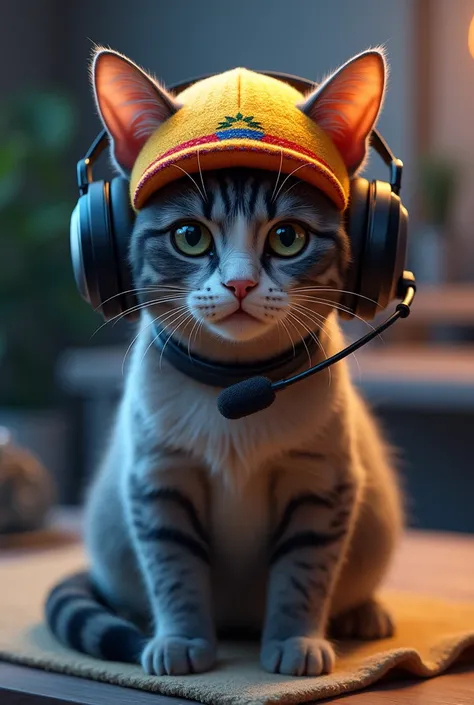 Cat in a Venezuelan cap and with gamer headphones with microphone streaming 