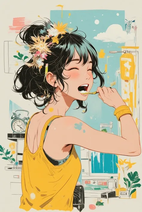   woman brushing her teeth with a sleepy face、「Ee」,White,light blue,Ultramarine,Sunflower color ,Surreal collage,a contemporary artistic collage,collage artwork, New Album Cover , Great Job !! ,digital collage、(collage ),collage art,contemporary collage,mi...