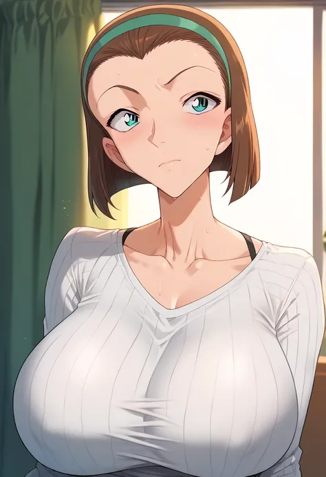 Hyper realistic, suzuki sonoko, short hair, brown hair, hairband, blue eyes, perfect face, perfect lighting,  , ,huge breasts:2.5, sweat,、High neck long sleeve white ribbed knit T-shirt(loose)、デニムパンツ