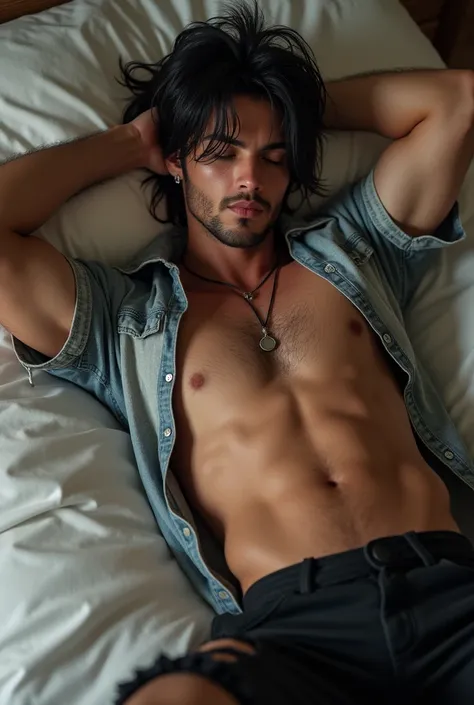 black messy hair, short sleeve shirt but the characters shirt is unbuttoned and has muscles, slightly dark skin, ripped model black pants, wearing a necklace, lying in bed, hands leaning on head, eyes closed man