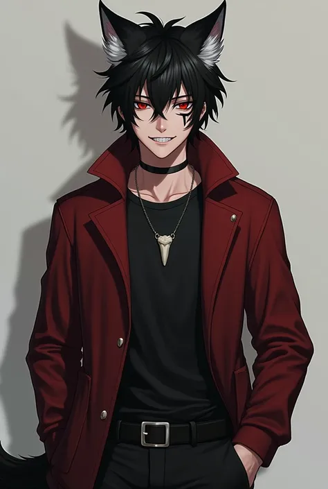  A young man with black hair with gray tips,  red eyes with sharp pupil , loving look,  a scar on the right eye ,  gentle smile with fangs , a wolfs tooth necklace ,  dark red jacket with black t-shirt underneath ,  tight pants with black belt , toned body...