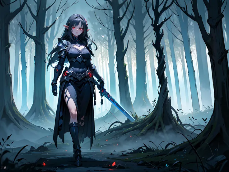 (((masterpiece))),(((highest quality)))(((16k)))((full body shot))A stunning artwork of a fierce demonic elf standing in a cursed forest. The full-body view showcases her in dark armor, exuding an aura of malevolent grace and unyielding power. Her long, fl...