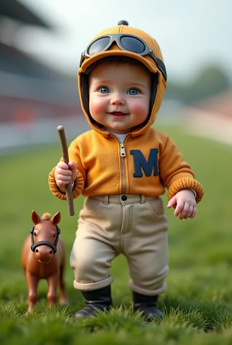  a baby standing wearing a big, lifelike jockey costume、 real、Blonde、 A baby of about 6 months 、 blue eyes、 cute、smile、Like a photo、The background is a racetrack、 holding a whip at hand 、Theres a small horse next to it 