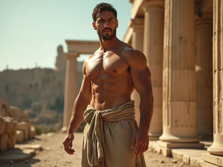 A muscular Greek man ,  wearing simple cloth clothes ,  is confidently positioned in front of ancient Greek structures .  quality. The background features imposing Greek columns and temples ,  creating a cinematic atmosphere .  The scene is presented in ul...