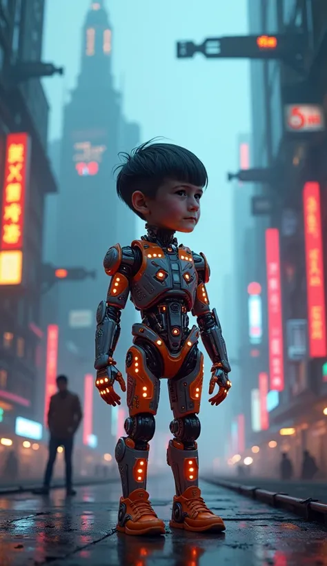 8k, A young cybernetic boy, , with intricate mechanisms and radiant, glowing components, stands amidst the neon-drenched, high-tech sprawl of a futuristic cyberpunk lair, surrounded by sleek machinery, holographic interfaces, and towering digital spires th...