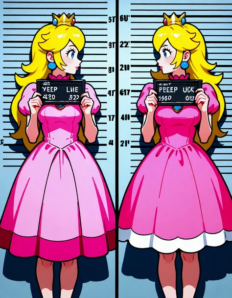 mug shot, Princess Peach Mugshot. Photos taken from the left side, face profile,  Pink Dress,  Photo taken after arrest