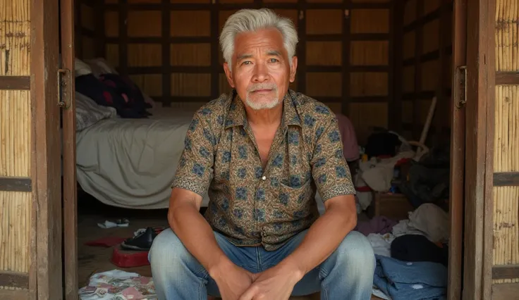 ((ultra-realistic photo)) [A 50-year-old Indonesian man with white hair is sitting casually in front of the open doorway of a modest rural bedroom. He wears a brown batik shirt with intricate traditional patterns, his expression calm yet sinister as he hol...