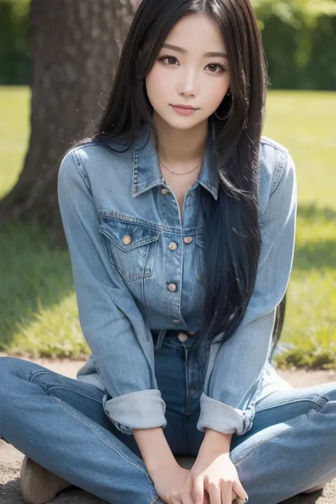 a woman wearing gray jeans, long hair dyed blue, sitting in the parkBest Quality, HD, Detail, 