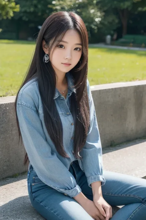 a woman wearing gray jeans, long hair dyed blue, sitting in the parkBest Quality, HD, Detail, 