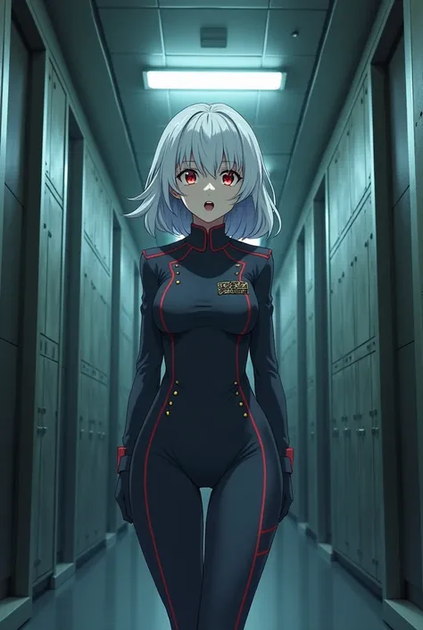  She wears the uniform of U .Deep down the corridors of the U .A woman with white hair half gold one eye red and the other yellow model body is a meñana expression open mouth style of the anime MY ACADEMIC HERO