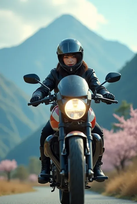  Max Image, high definition , A 22-year-old woman wearing a full face helmet rides over a Japanese Honda motorcycle and runs towards here,A 22-year-old woman wearing a ,The background is the mountains、Hair is a bob cut,The full face helmet is printed with ...