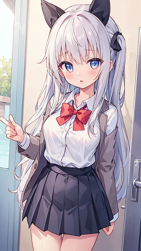 Ariya, 1 Girl,  unique ,  long hair,  blue eyes , Ahog, bow, Viewer, red bow, jacket, bowtie, Long sleeve, breast, shirt, open jacket, red bowtie, Door,  cowboy shooting , collared shirt, inDoors, School Uniform, White hair,  to a standing, open dress , sk...