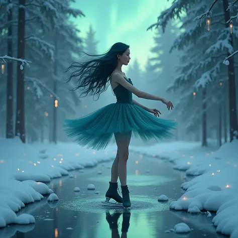 Cinematic scene of a woman named Marie , Beautiful 26-year-old , Korean,  with delicate skin ,  with long navy blue hair and dark blue wavy and long locks,  wearing a ballerina tutu and dark green ice skates purine in the arctic reindeer snow stars fir for...