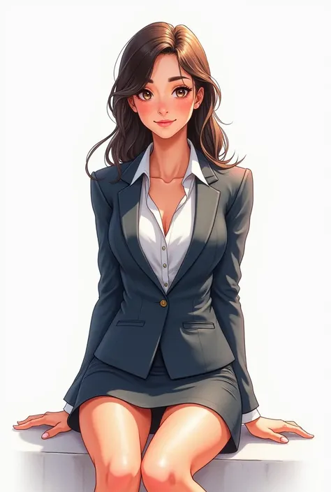 {{masterpiece}}, {{{best quality}}}, {(ultra-detailed}}, {(illustration}}, {game cg)}}, 1girl, watercolor pencil, gleaming skin, mature female, happy, mini tight skirt, business suit, sit