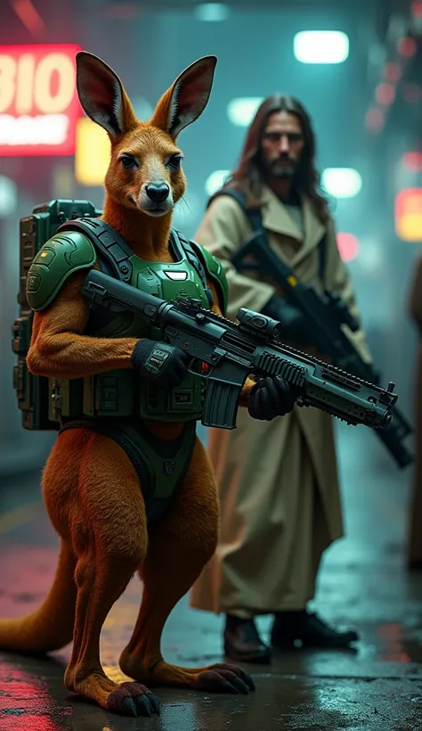 adult brown humanoid kangaroo next to Jesus also wearing green cyberpunk military armor, aiming with a futuristic machine gun. inside a futuristic military truck. neon. blurred background cyberpunk style