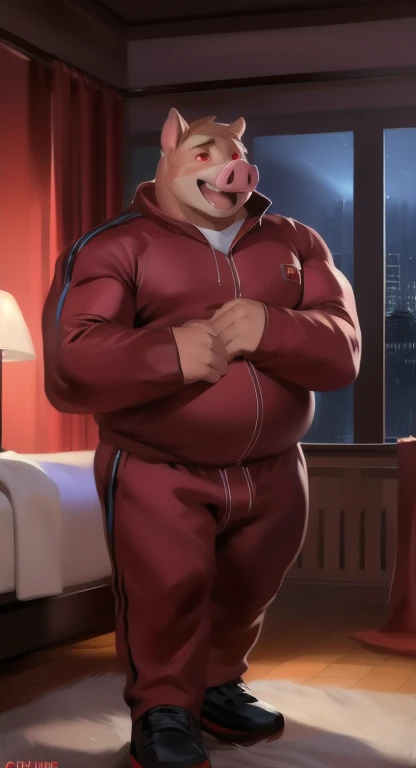 Living with baby pigs Crying​ scary , male Tall​,huge​ body​,​standing​,night bedroom,Hugging a baby pig to sleep.. Pig,Dark red tracksuit soldier​, overweight, muscular, laugh,red eyes, by chunie