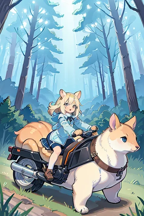 (( top quality)), ((  1 girl )), (  Details), ( ride a giant hamster in the light blue forest)， dynamic composition，Speed，escape，ライトブルーの森の中