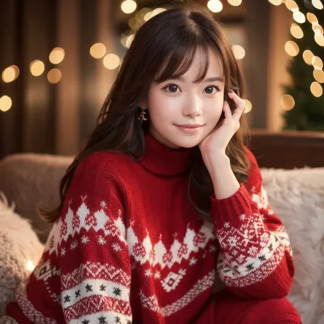 A beautiful woman, sitting with cute posture, Christmas lights background, wearing head, red islandic pattern sweater, cute face.