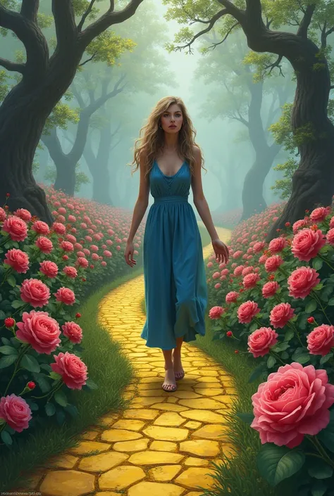 A woman in a torn blue dress lost in a magical and enchanted world in a field of roses and a yellow brick road