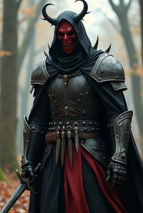 Shadar-kai in a devil mask, in a black cloak (a little scarlet), with daggers, he also has a belt on which there are also daggers of different types, he is also dressed in light armor, he also wears bracers that are worn on the entire arm of the elbow with...