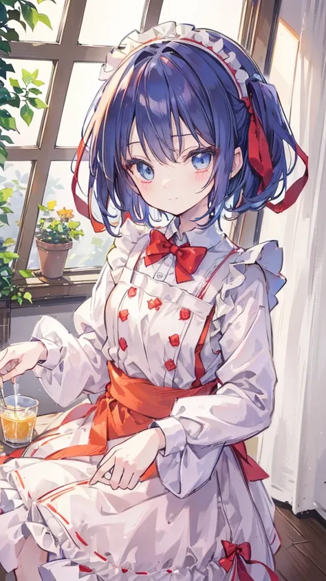 masterpiece, is the best quality, Japanese cartoons ,(2D:1.2),indoors, ,  1 Girl, roswaal mansion maid uniform,  unique , maid, Blue eyes, Short hair,bow hairband,  hair between eyes ,  split sleeves , Viewer,  red headband,ribbon,  bangs, review, bow,  Or...