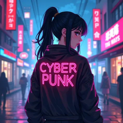 A stunning cyberpunk background featuring a beautiful cyberpunk girl with cool aesthetics, showcasing a large logo on her back reading CYBERPUNK in an eye-catching font, vibrant neon colors, futuristic cityscape, anime illustration style, dynamic pose, int...