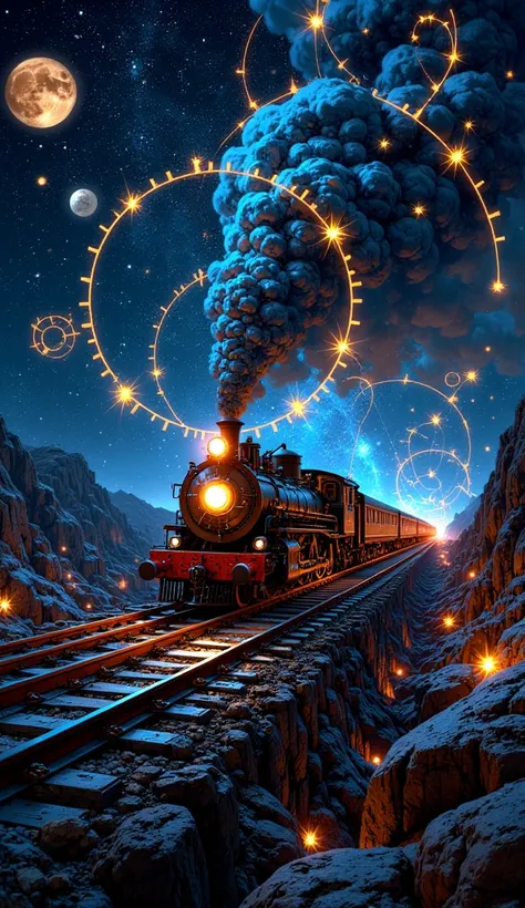 "Futuristic steam locomotive crossing a universe of constellations in the shape of clocks, showing the journey through space-time."